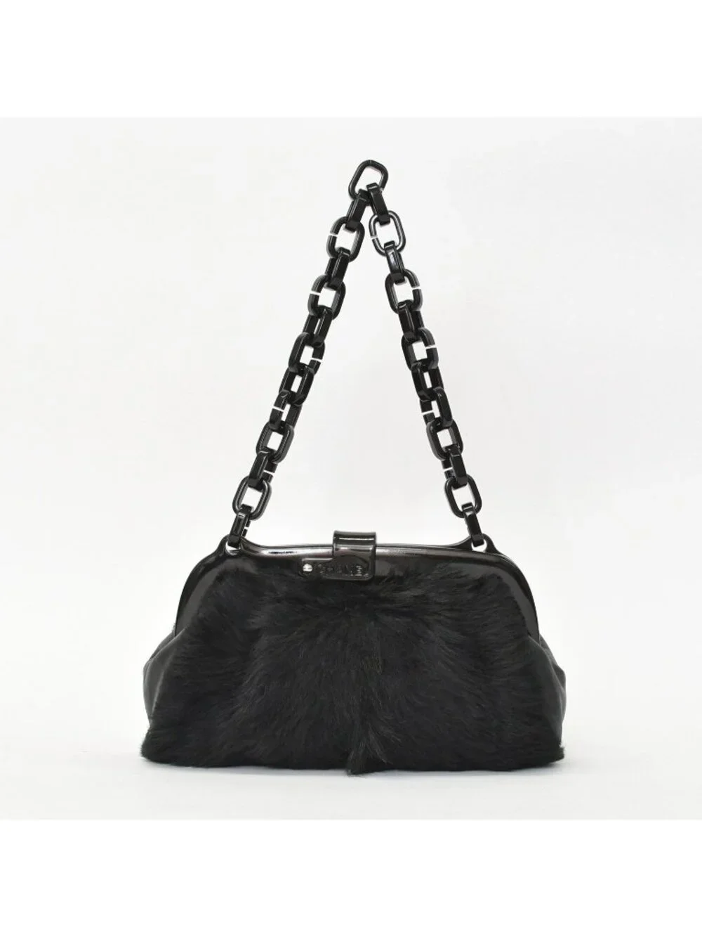Chanel Plastic Chain Bag CC Logo Goat Fur Leather Black
